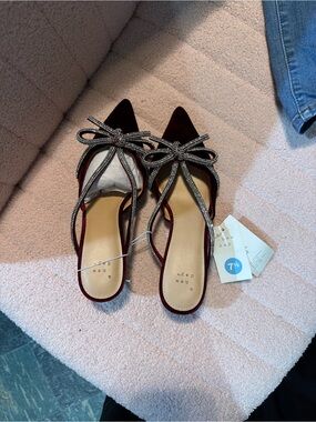 a new day Burgundy Pointed Toe Slip-On Heels with Rhinestone Bow